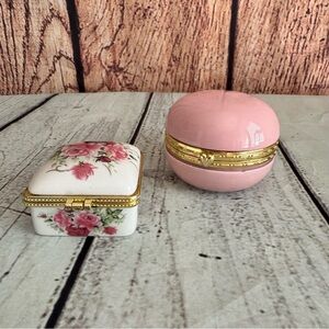 Vintage Limoges Style Porcelain Trinket Box Set Pink Gold Hinged Floral Boxes